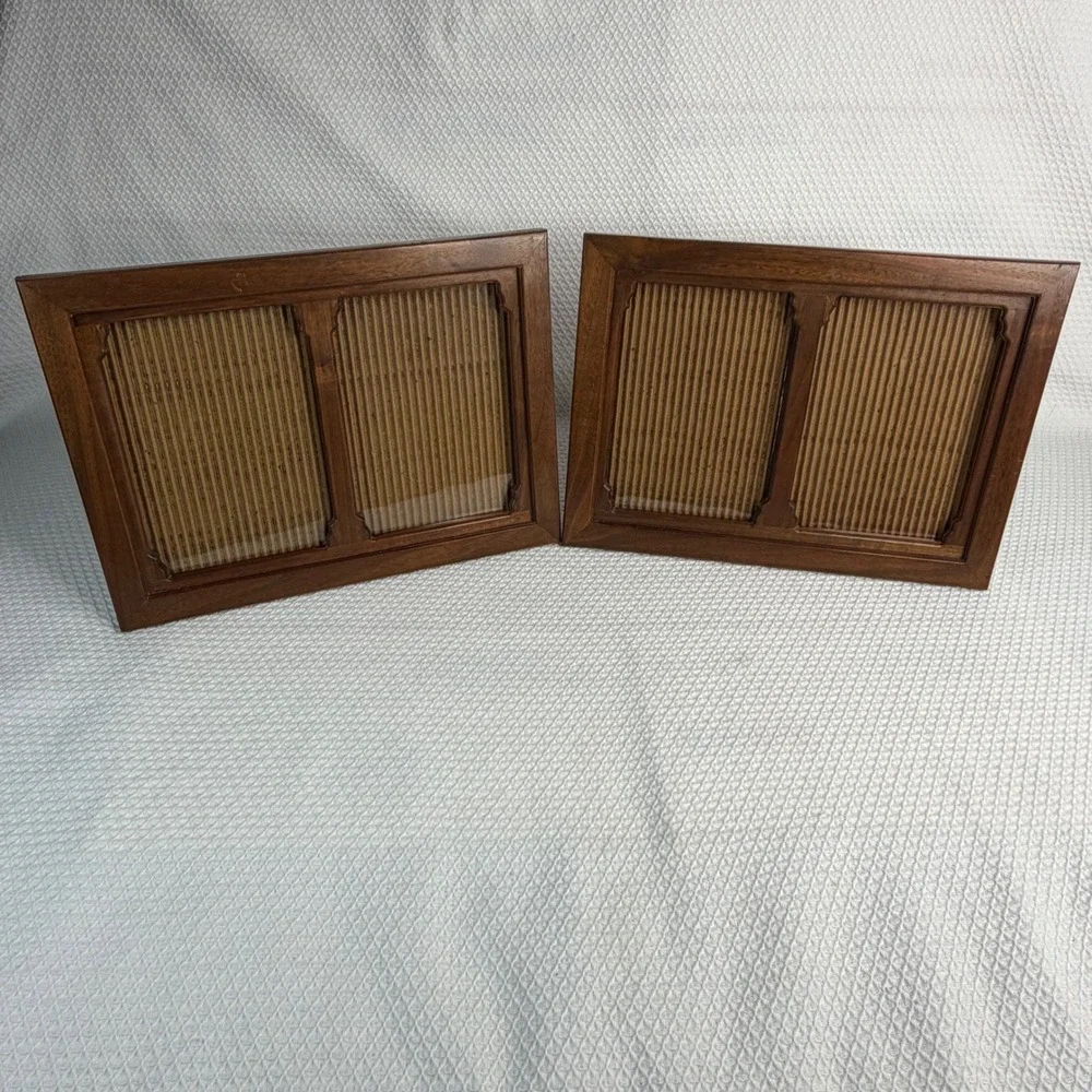 VTG 90s Handcrafted Wooden Double Picture Frames 5x7 Set of 2 Brown Wood Details